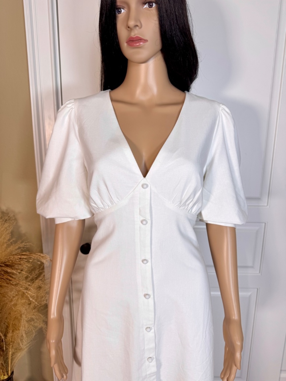 IVORY HIGH LOW PUFF SLEEVE LINEN MIDI DRESS - NWOT - Picture 8 of 15